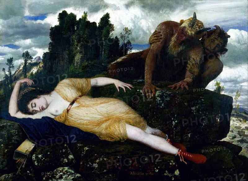 Arnold Böcklin (born 16 October 1827, died January 1901), Swiss painter, draughtsman, graphic artist and sculptor of Symbolism: Sleeping Diana Watched by Two Fauns (1877-1885), Painting, Reproduction of the painting, Work of art, Historical, A sleeping woman is watched by two mythical creatures in a dramatic landscape