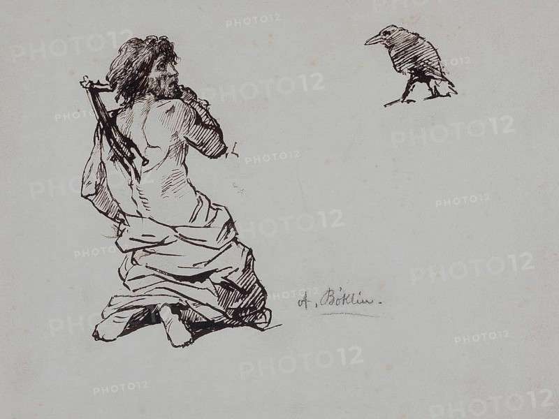 Arnold Böcklin (born 16 October 1827, died January 1901), Swiss painter, draughtsman, graphic artist and sculptor of Symbolism: Penitent scourging himself with a raven, Painting, Reproduction of the painting, Work of art, Historical, Minimalist pen and ink drawing of a seated man with a raven