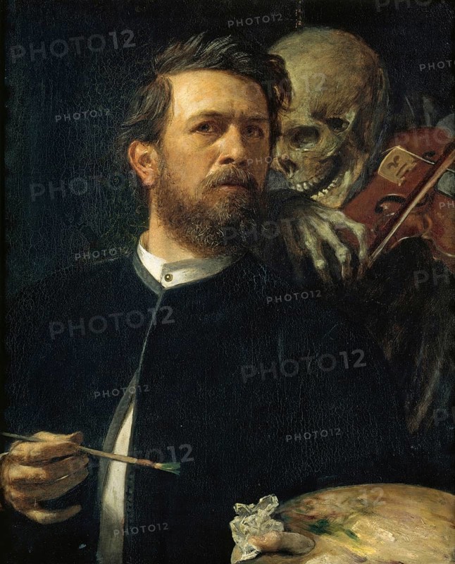 Arnold Böcklin (born 16 October 1827, died January 1901), Swiss painter, draughtsman, graphic artist and sculptor of Symbolism: Self-portrait with fiddling Death (1872), Painting, Reproduction of the painting, Work of art, Historical, An artist looks seriously while Death looks over his shoulder and holds a violin