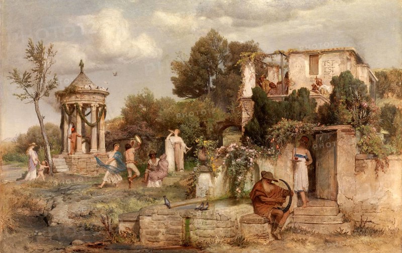 Arnold Böcklin (born 16 October 1827, died January 1901), Swiss painter, draughtsman, graphic artist and sculptor of Symbolism: Roman wine tavern (1867-1868), Painting, Reproduction of the painting, Work of art, Historical, Idyllic landscape painting with ancient ruins and people walking around in traditional dress