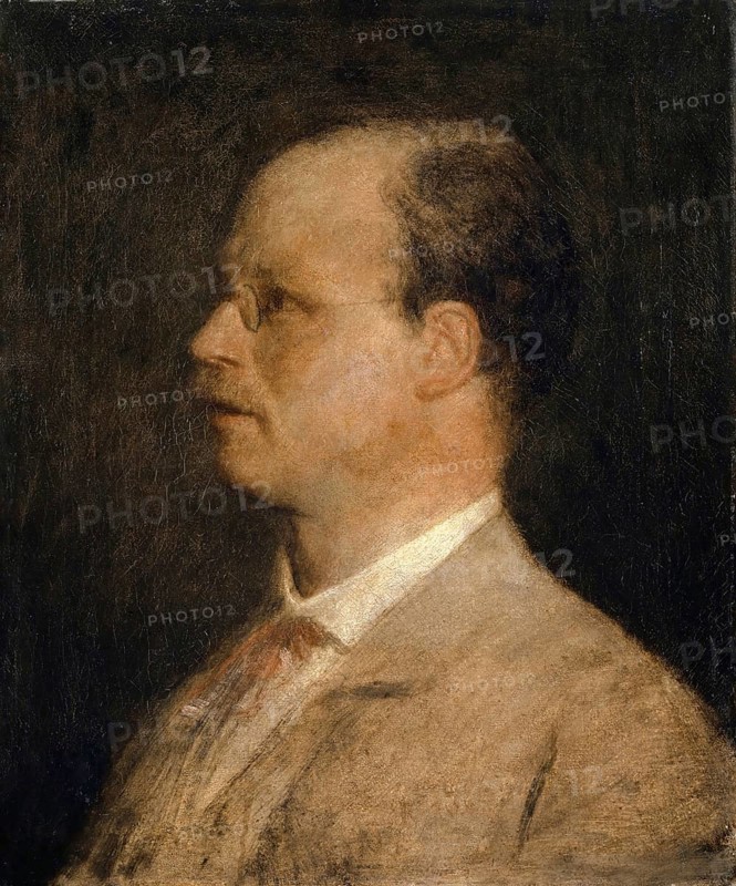 Arnold Böcklin (born 16 October 1827, died January 1901), Swiss painter, draughtsman, graphic artist and sculptor of Symbolism: portrait of Prof. Fritz Burckhardt-Brenner (1867-70), Painting, Reproduction of the painting, Work of art, Historical, Portrait of a serious man in a suit and glasses against a dark background