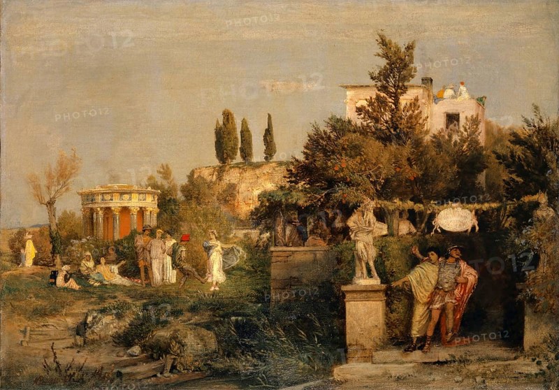 Arnold Böcklin (born 16 October 1827, died January 1901), Swiss painter, draughtsman, graphic artist and sculptor of Symbolism: Ancient Roman Tavern (1866), Painting, Reproduction of the painting, Work of art, Historical, An idyllic garden scene with architecture and figures in antique clothing
