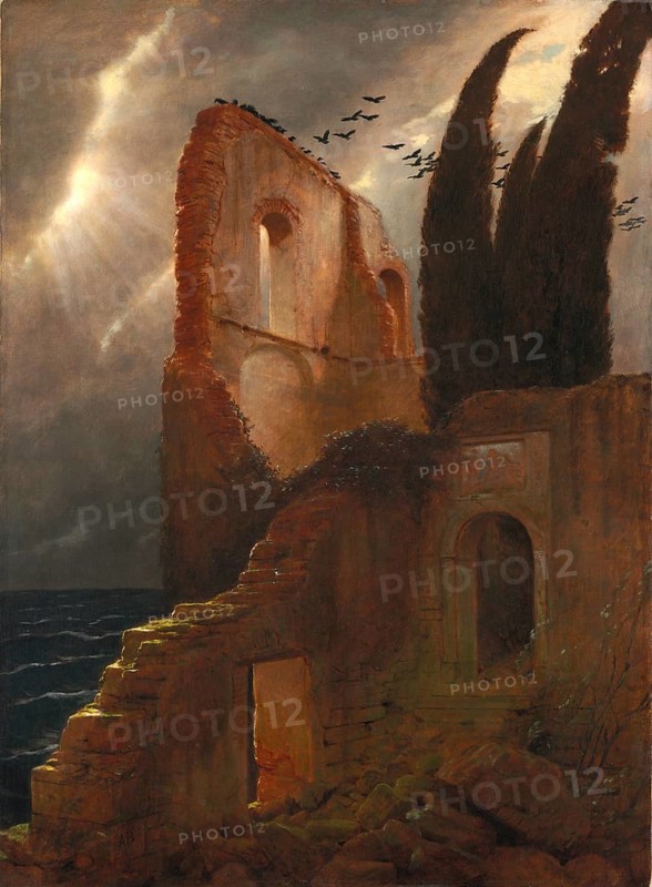 Arnold Böcklin (born 16 October 1827, died January 1901), Swiss painter, draughtsman, graphic artist and sculptor of Symbolism: Ruin by the Sea (1881), Painting, Reproduction of the painting, Artwork, Historical, Dramatic ruins in a cloudy sky with birds flying by