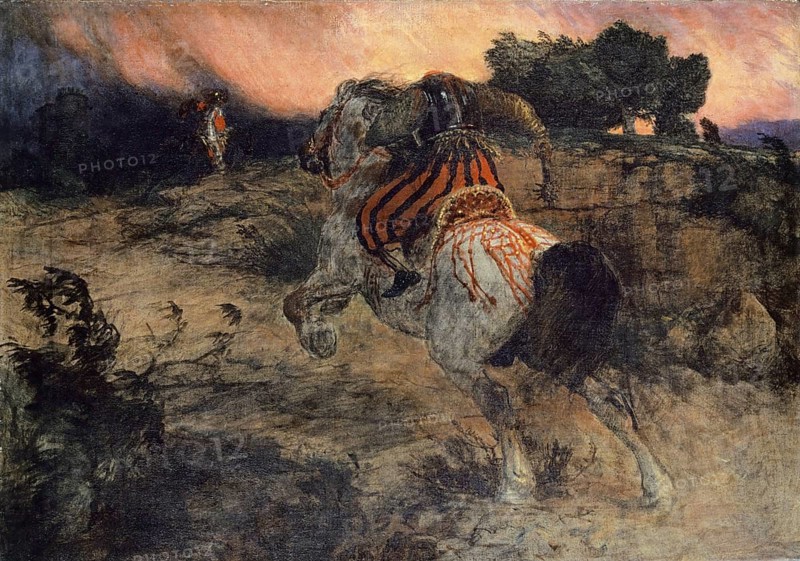 Arnold Böcklin (born 16 October 1827, died January 1901), Swiss painter, draughtsman, graphic artist and sculptor of Symbolism: Astolf Riding Away with the Head of Orill (1873), Painting, Reproduction of the painting, Work of art, Historical, A rider on a galloping horse in a dramatic landscape at dusk
