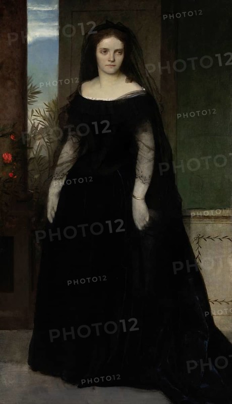 Arnold Böcklin (born 16 October 1827, died January 1901), Swiss painter, draughtsman, graphic artist and sculptor of Symbolism: portrait of the Actress Fanny Janauschek (1861), Painting, Reproduction of the painting, Work of art, Historical, A woman in a black dress with a sad expression in an interior room