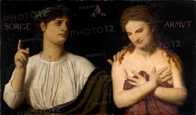Arnold Böcklin (born 16 October 1827, died January 1901), Swiss painter, draughtsman, graphic artist and sculptor of Symbolism: Armut und Sorge (1890), Painting, Reproduction of the painting, Artwork, Historical, Two allegorical figures with the words 'Sorge' and 'Armut' in dark surroundings