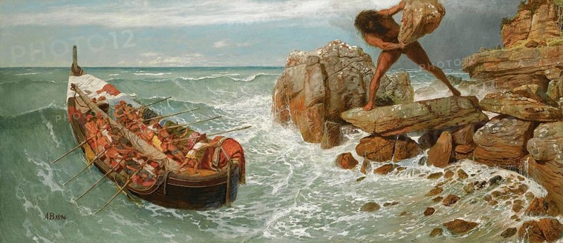 Arnold Böcklin (born 16 October 1827, died January 1901), Swiss painter, draughtsman, graphic artist and sculptor of Symbolism: Odysseus And Polyphemus (1896), Painting, Reproduction of the painting, Work of art, Historical, A giant throws rocks at a boat in a stormy sea while people in the boat fight for their lives