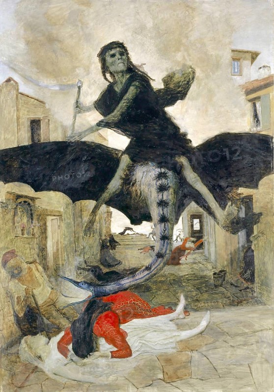 Arnold Böcklin (born 16 October 1827, died January 1901), Swiss painter, draughtsman, graphic artist and sculptor of Symbolism: The Plague (1898), painting, reproduction of the painting, artwork, historical, demon on a flying dragon above a medieval town, depicting a horrific scene