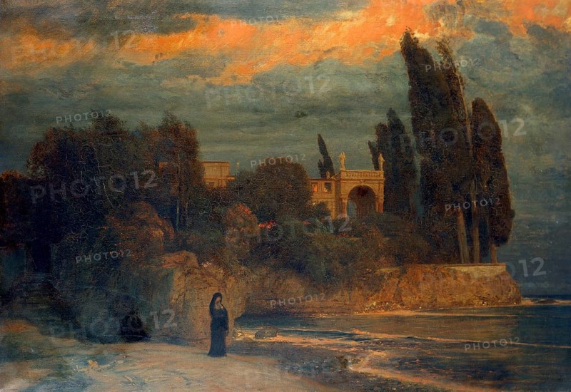 Arnold Böcklin (born 16 October 1827, died January 1901), Swiss painter, draughtsman, graphic artist and sculptor of Symbolism: Villa by the Sea (1871 - 1874), Painting, Reproduction of the painting, Work of art, Historical, A woman stands on the beach by a villa under a dramatic evening sky, surrounded by trees