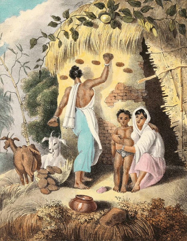 Hindu woman preparing fuel from animal droppings to dry on the wall of the house, India, authentic, digitally restored reproduction from a 19th century model, exact date of depiction unknown, historical, a family in front of a hut, a man building on a brick wall, goats nearby