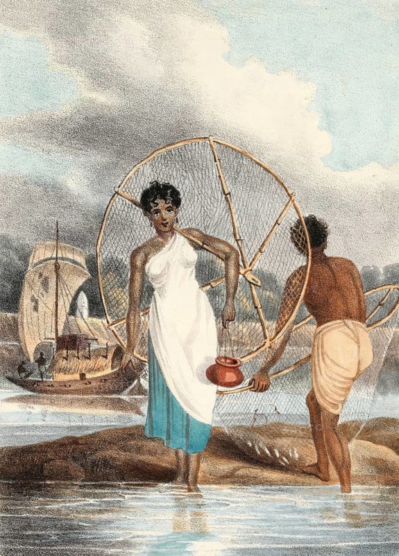 Fisherman and woman with net and small fish on shore, India, authentic, digitally restored reproduction from a 19th century model, exact date of depiction unknown, historical, two people at the water, a man with a net and a woman with a pot, in the background a boat under a cloudy sky