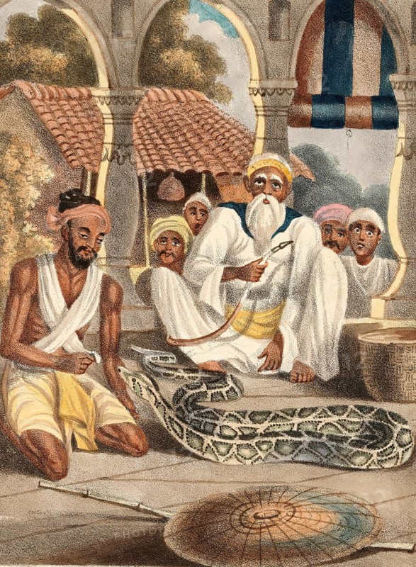 A samporea or snake catcher in India, authentic, digitally restored reproduction from a 19th-century model, exact date of depiction unknown, historical, elderly men sitting in an archway with a snake in a basket