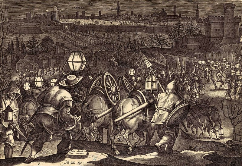 History of the Medici, The illustration shows Cosimo I de' Medici leading his troops towards Siena at night in 1555 to besiege the city. The silhouette of the city of Siena with the Porta Camollia can be seen in the background. Cosimo I de' Medici (born 12 June 1519, died 21 April 1574), Duke of Florence from 1537 and Grand Duke of Tuscany from 1569