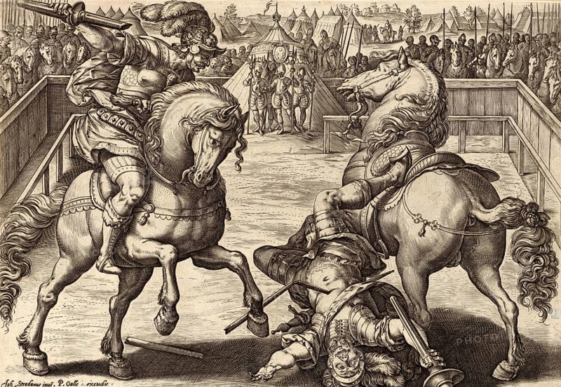 History of the Medici, moment from the life of Giovanni de' Medici, known as Giovanni dalle Bande Nere. He can be seen on his horse after fatally hitting his opponent with a lance in a duel in an arena. Giovanni de' Medici, Giovanni dalle Bande Nere, delle Bande Nere (born 6 April 1498, died 30 November 1526), Italian condottiere