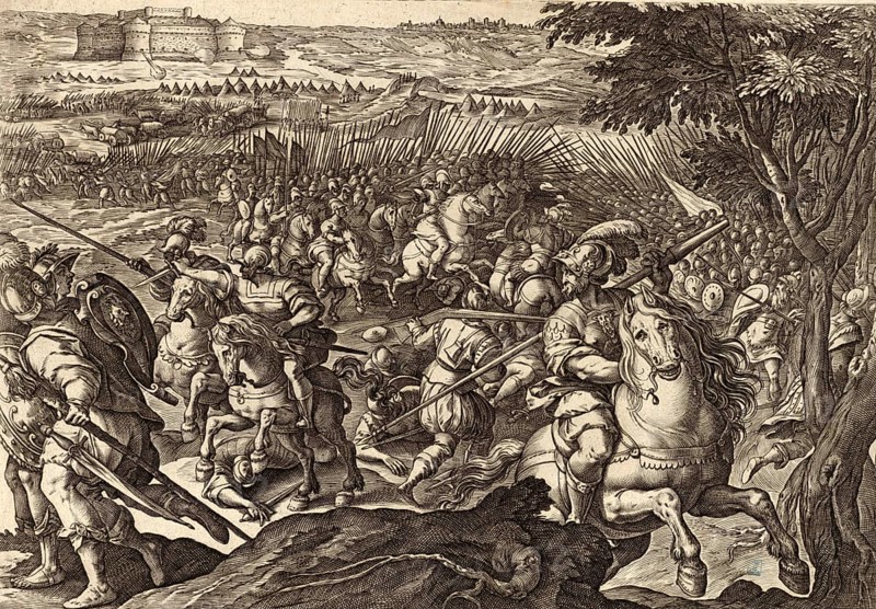 History of the Medici, scene showing Giovanni de' Medici defeating a large number of enemies who had attempted to attack the city of Parma under cover of night. A cavalry battle rages in the foreground, while the siege of a castle or fortified town can be seen in the background. Giovanni de' Medici, Giovanni dalle Bande Nere, delle Bande Nere (born 6 April 1498, died 30 November 1526), Italian condottiere