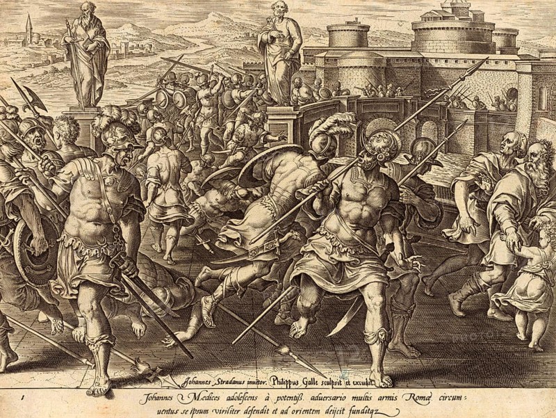 History of the Medici, The young Giovanni de' Medici is surrounded by members of the Orsini family during a street fight in Rome, near the Bridge of Angels. Giovanni de' Medici, Giovanni dalle Bande Nere, delle Bande Nere (born 6 April 1498, died 30 November 1526), Italian condottiere