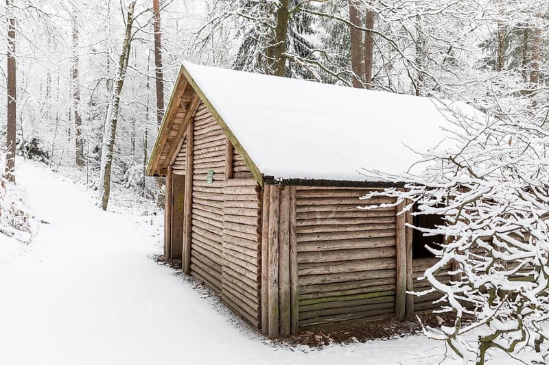 Snowy shelter in the Tharandter Forest, Saxony, Germany