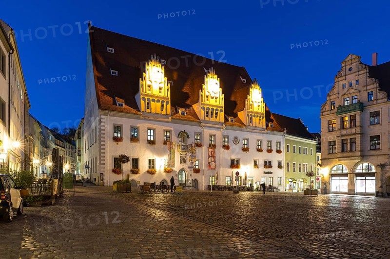 Market square with town hall at blue hour, twilight view, Meissen, Saxony, Germany