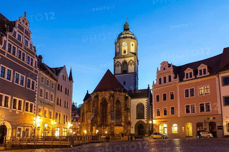Market square with Church of Our Lady with glockenspiel at the Blue Hour, twilight view, Meissen, Saxony, Germany