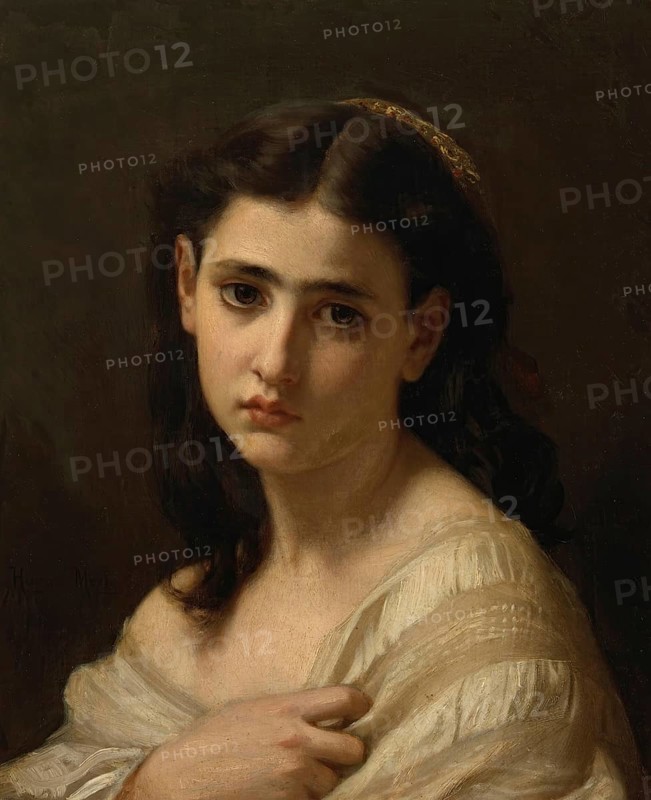 Hugues Merle (1822 to 1881), French painter: Thoughts far away, Gedanken in der Ferne (1864), Portrait of a young woman with dark hair and a pensive, almost melancholic expression, Painting, Reproduction of the painting, Work of art, Historical, Portrait of a pensive looking woman with brown hair and light-coloured dress