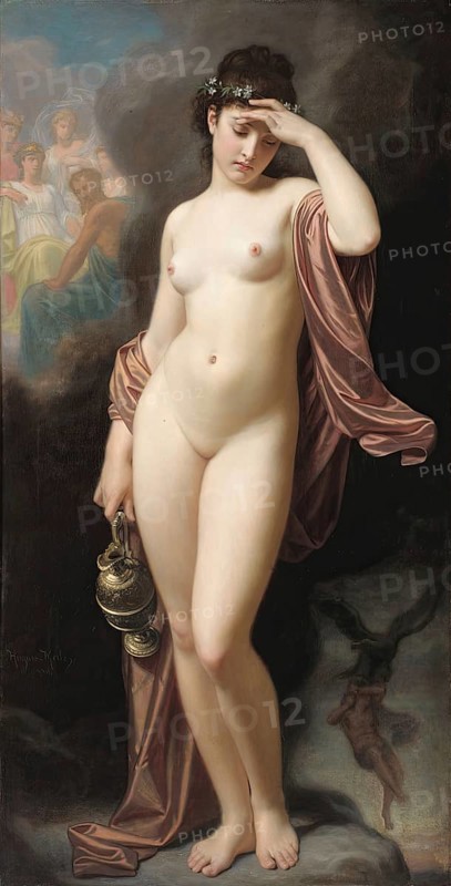 Hugues Merle (1822 to 1881), French painter: Hebe after the fall, Hebe Day-Dreaming, the Greek goddess of youth, Hebe, in a pensive pose. She holds a jug in her hand and is scantily draped with a cloth, Painting, Reproduction of the painting, Work of art, Historical, A nude woman with long hair carries antique lamps and contemplates a celestial scene with melancholy