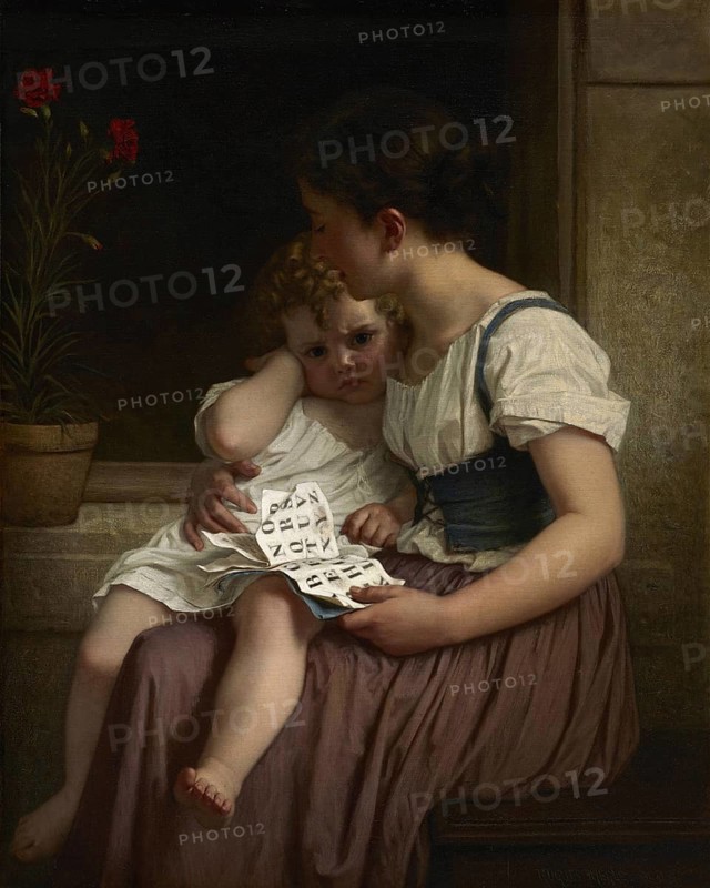 Hugues Merle (1822 to 1881), French painter: The First Thorns of Knowledge (1864), A mother holds an ABC book in her hand and tries to teach her child a lesson. The boy, however, shows clear resistance, which is expressed by his furrowed brow and defiant look, Painting, Reproduction of the painting, Work of art, Historical, A mother and her child sit together while looking at pictures in a book. A flower stands nearby