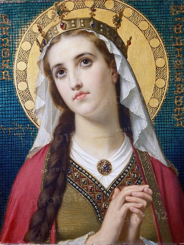 Hugues Merle (1822 to 1881), French painter: Saint Elizabeth Of Hungary (1879), depicting Saint Elizabeth of Thuringia, known for her mercy and charity, Painting, Reproduction of the painting, Artwork, Historical, Young woman with crown and halo in a religiously inspired portrait