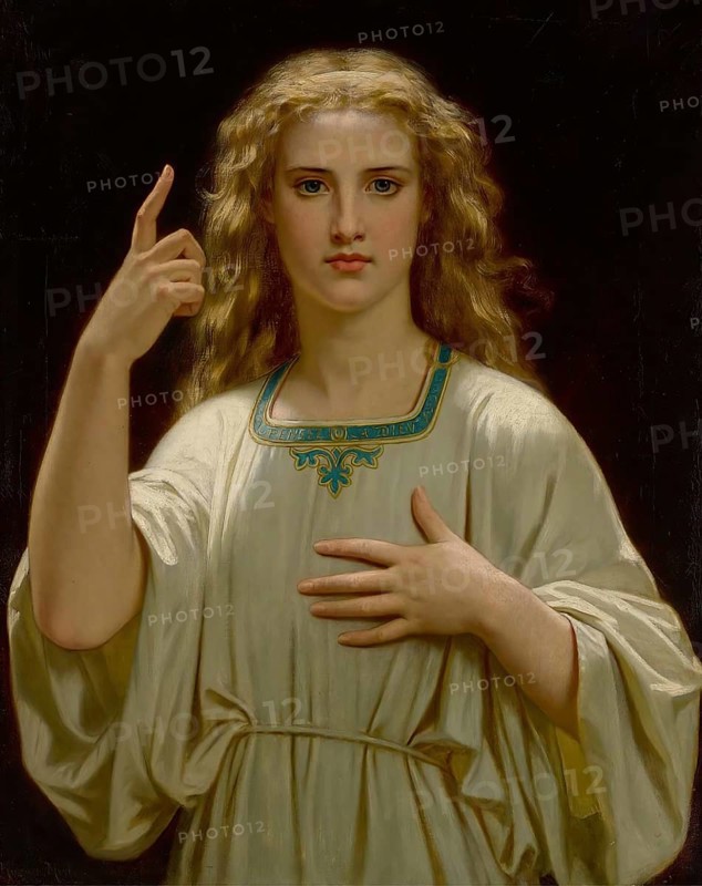 Hugues Merle (1822 to 1881), French painter: Pensez a Dieu, Remember God (1876), a young woman or a mother figure in a pensive or devout attitude, Painting, Reproduction of the painting, Work of art, Historical, Young woman with a meaningful expression and raised finger against a dark background