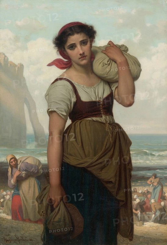 Hugues Merle (1822 to 1881), French painter: The Washerwoman of Etretat, Laveuse D'étretat (1869), A young woman in traditional dress stands on the shore of the ocean carrying a heavy laundry bag over her shoulder, Painting, Reproduction of the painting, Artwork, Historical, Woman with fish bags on the shore, Tired and sad expression
