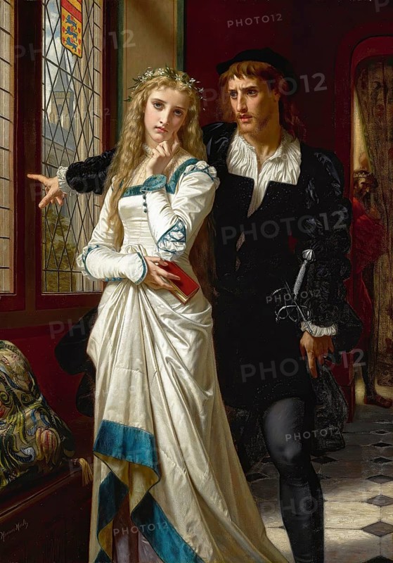 Hugues Merle (1822 to 1881), French painter: Hamlet And Ophelia (1873), Painting, Reproduction of the painting, Work of art, Historical, Medieval dressed couple looking out of a castle window, exciting atmosphere