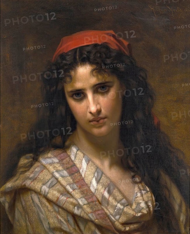 Hugues Merle (1822 to 1881), French painter:, A rare beauty, original title Une rare beaute (1871), Painting, Reproduction of the painting, Work of art, Historical, Woman with intense gaze, red headscarf and nostalgic mood