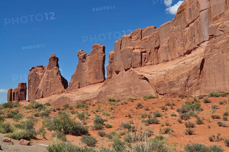 Jagged sandstone formations called Wall Street and sparse vegetation stretch under a clear sky in the desert, Arches National Park, Utah, USA
