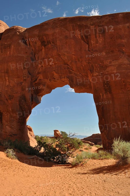 Pine Tree Arch, a large sandstone arch with clear sky in the background, Arches National Park, Utah, USA