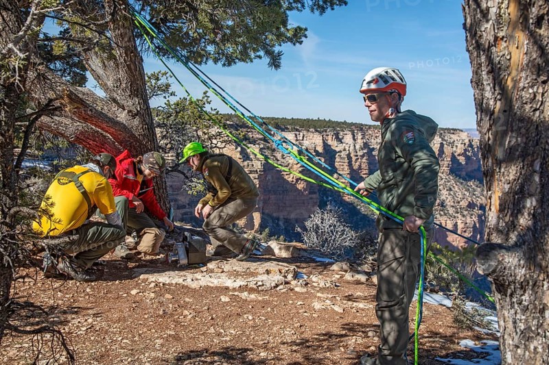 Grand Canyon National Park, Arizona. National Park Service employees practice rescue techniques on the Canyon's South Rim