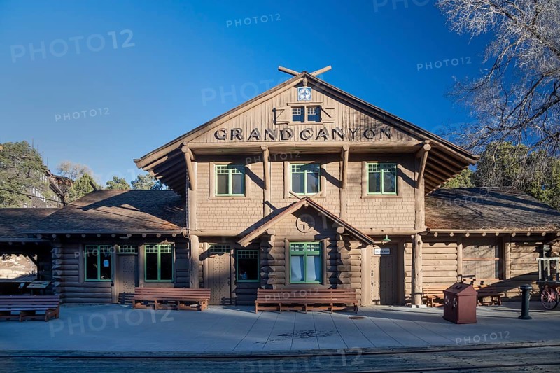 Grand Canyon National Park, Arizona - The Grand Canyon railroad station. Grand Canyon Railway runs daily trains to the Canyon from Williams, Arizona. The depot is one of only three remaining log train stations in the U.S
