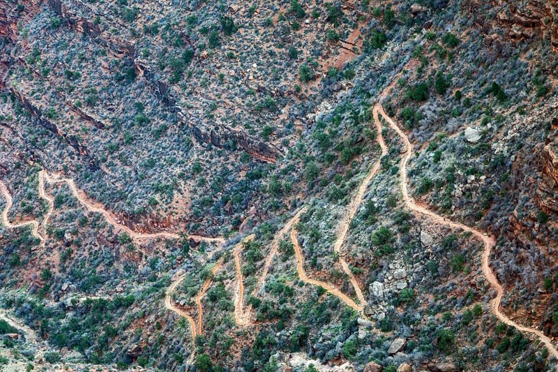 Grand Canyon National Park, Arizona - Switchbacks on Bright Angel Trail. The popular trail descends almost 5, 000 feet from the South Rim to the Colorado River