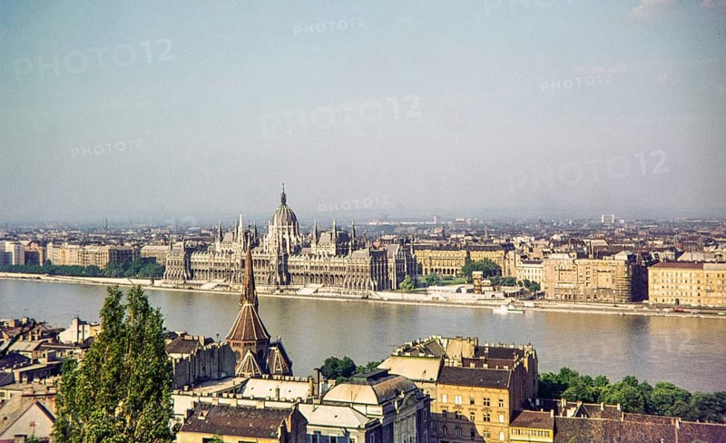 Cityscape view across Danube River from Buda to Pest, Hungarian Parliament Building, Budapest, Hungary, Europe 1967