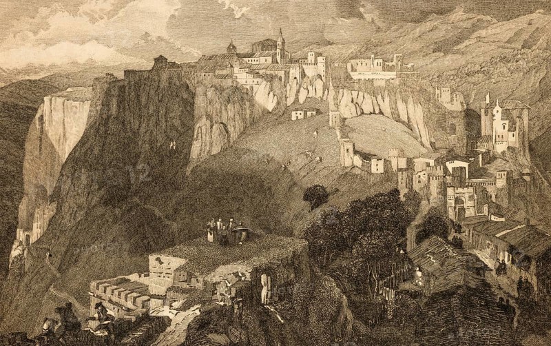 Ronda, Málaga province, Andalusia, Spain, city at peak level, protected location, mountainous landscape, steep cliffs, sheltered position, group on roof terrace, warm climate, residential buildings, church, architecture, steel engraving, historical illustration 1834