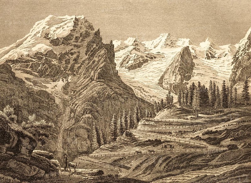 The Ortler, peak (3, 905m) in the Eastern Alps, Ortler Alps, Ortler Group, South Tyrol, Trentino, Switzerland, Italy, snow, rocks, conifers, serpentines, road, horse-drawn carriage, infrastructure, traffic, man, goat, travelling, steel engraving, historical illustration 1834