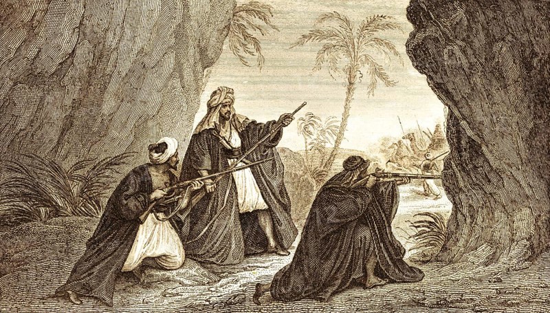 Torat Arabs, Arabia, guns, enmity, confrontation, shooting, oasis, plame, men, turban, clothing, steel engraving, historical illustration 1834