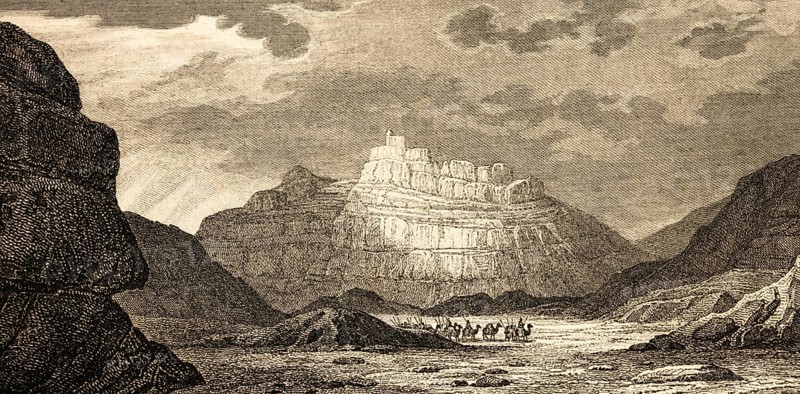 Tomb of Prophet Aaron or Harun, Christian and Islamic Prophet, Wadi Musa, Jordan, Djebel Haroun, Mount Haroun near Petra, camel caravan, desert, steel engraving, historical illustration 1834