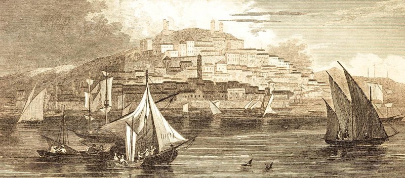 View of the city of Cagliary, island of Sardinia, Mediterranean Sea, Italy, sailboats, rowing boats, crew, full sails, houses on the mountainside, architecture, steel engraving, historical illustration 1834