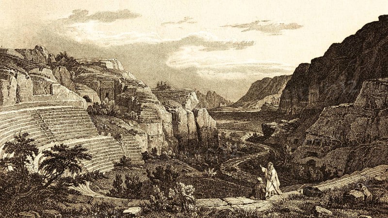 Petra Rock Theatre, Jordan, ancient architecture, mountain landscape, river, semicircle, steps, visitors, nature, steel engraving, historical illustration 1834
