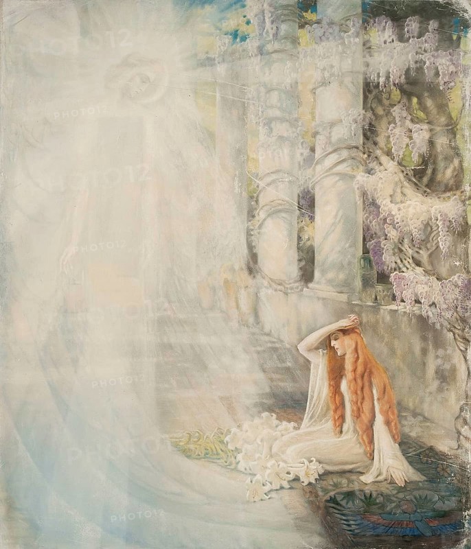 Kazimierz Stabrowski (b. 21 November 1869, d. 10 June 1929 in Garwolin), Polish painter: Vision II, sketch for Annunciation (in front of 1910), Vision II, Sketch for Annunciation (in front of 1910), authentic, digitally restored reproduction from an early 20th century model, exact date of depiction unknown, Historical, A woman in a dreamy, light-flooded scene, surrounded by soft fantasy tones