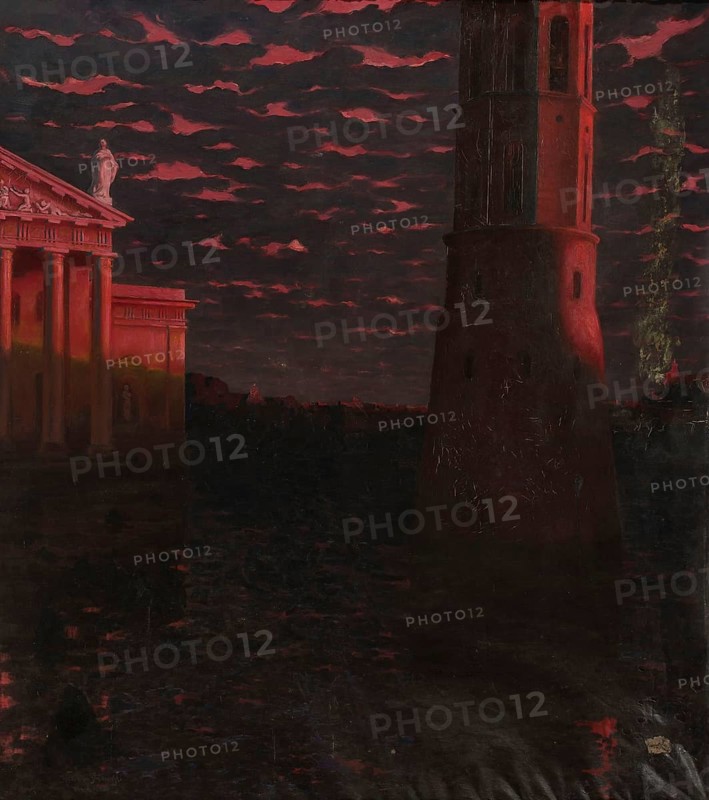 Kazimierz Stabrowski (b. 21 November 1869, d. 10 June 1929 in Garwolin), Polish painter: Vilnius, Cathedral Bell Tower (1904), Vilnius, Bell Tower of the Cathedral (1904), authentic, digitally restored reproduction from an early 20th century original, exact date of depiction unknown, Historical, Mystical night landscape with illuminated historical buildings in red light