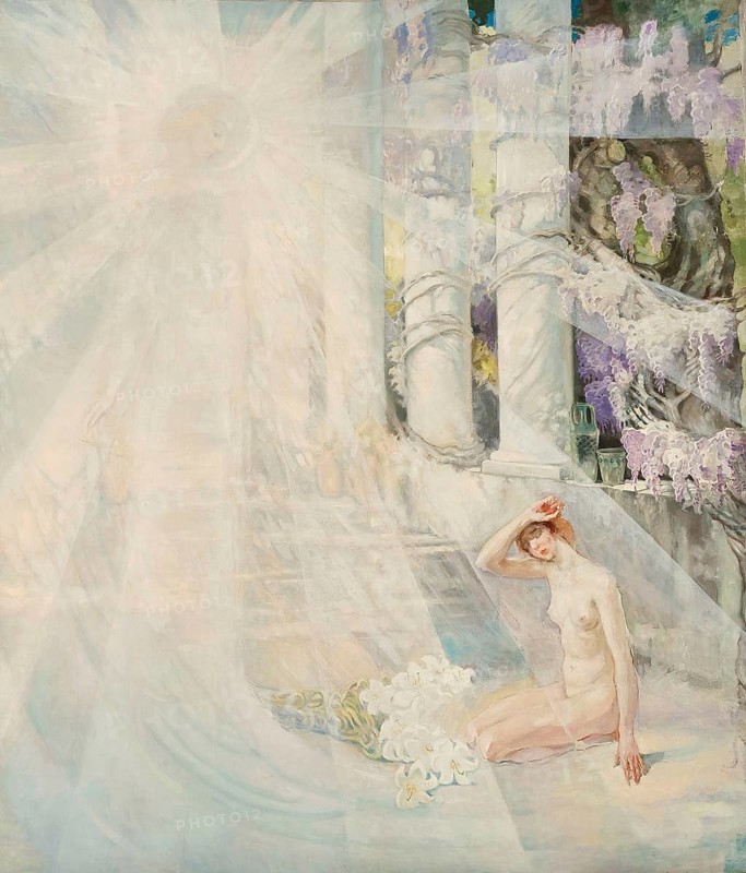 Kazimierz Stabrowski (b. 21 November 1869, d. 10 June 1929 in Garwolin), Polish painter: Vision I, sketch for Annunciation (in front of 1910), Vision I, Sketch for Annunciation (in front of 1910), authentic, digitally restored reproduction from an early 20th century model, exact date of depiction unknown, Historical, Light-flooded ethereal scene with columns, a naked woman and flowers, of mystical atmosphere