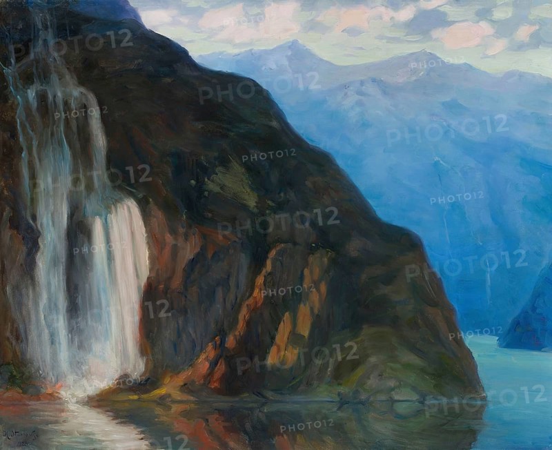 Kazimierz Stabrowski (b. 21 November 1869, d. 10 June 1929 in Garwolin), Polish painter: Landscape with a waterfall (1928), Landscape with a waterfall (1928), authentic, digitally restored reproduction from a model from the early 20th century, exact date of depiction unknown, Historical, A waterfall flows over steep rocks against a backdrop of blue mountains