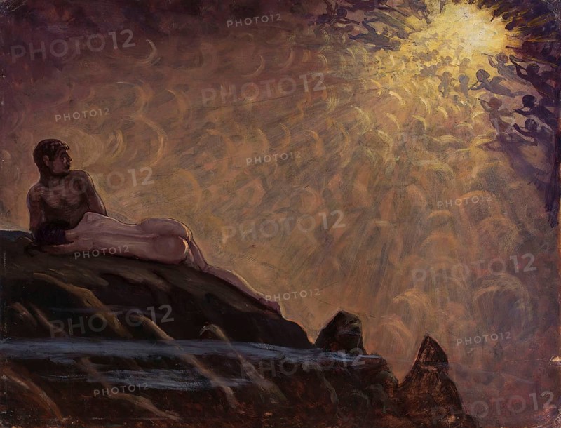 Kazimierz Stabrowski (b. 21 November 1869, d. 10 June 1929 in Garwolin), Polish painter: Fantastical composition (1924), Fantastical composition (1924), authentic, digitally restored reproduction from an early 20th century original, exact date of depiction unknown, historical, man on rock, surrounded by mystical light, numerous ghostly figures