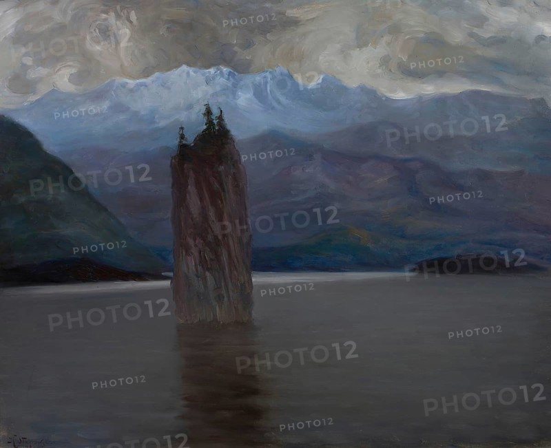 Kazimierz Stabrowski (b. 21 November 1869, d. 10 June 1929 in Garwolin), Polish painter: Norwegian fjord (1928), Norwegian fjord (1928), authentic, digitally restored reproduction from an early 20th century original, exact date of depiction unknown, Historical, A quiet mountain lake with a protruding rock surrounded by gloomy clouds