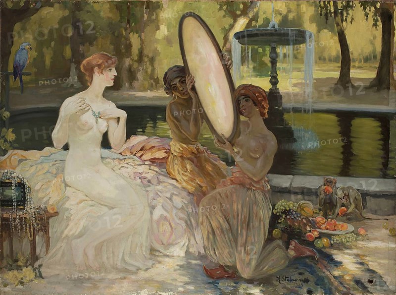 Kazimierz Stabrowski (born 21 November 1869, died 10 June 1929 in Garwolin), Polish painter: Fairy tale jewels (1923), Fairy tale jewels (1923), authentic, digitally restored reproduction from an early 20th century original, exact date of depiction unknown, historical, woman in elegant garden with fabrics and mirror, calm and nostalgic scene